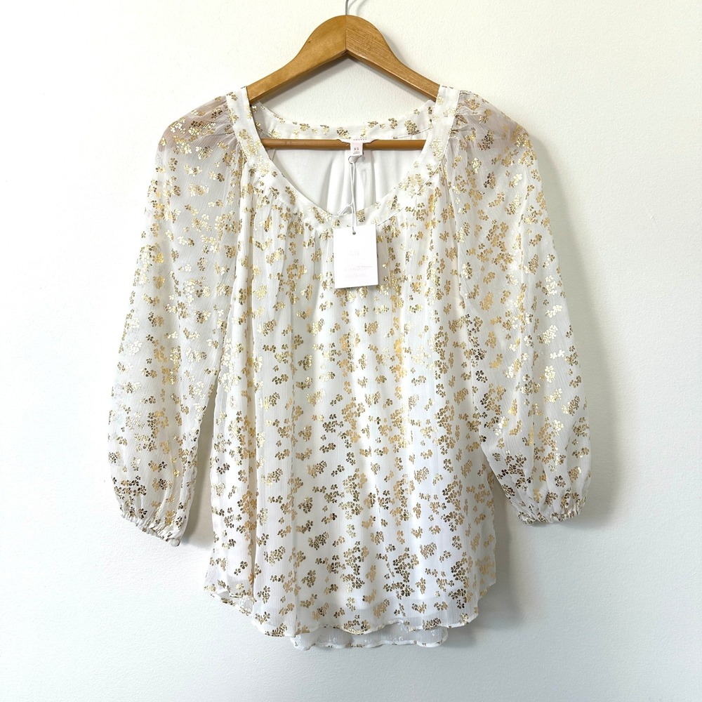 Gold Metallic Floral Sheer Peasant Blouse XS White Romantic Coquette LC